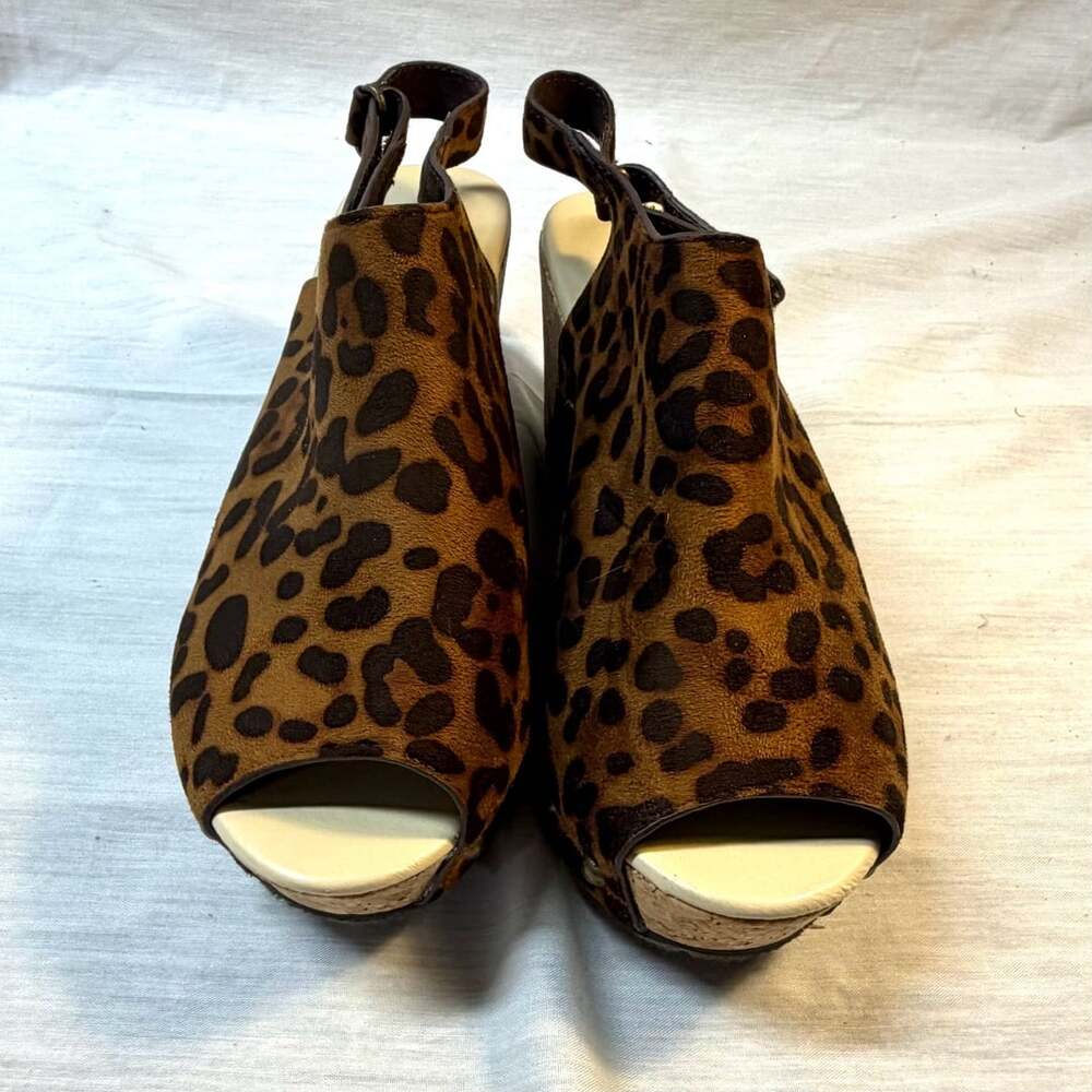 Volatile Leopard Print Suede Peep Toe Wedge Slingback Clog Platform Sandals Size
